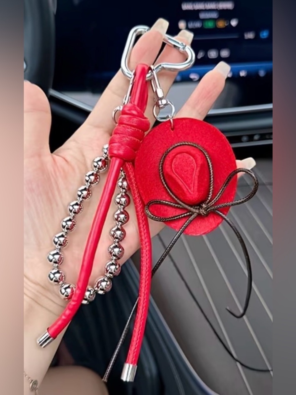 Western Bag Charm Red PU Leather & Beaded Hat Keychain Charm - Women Accessories